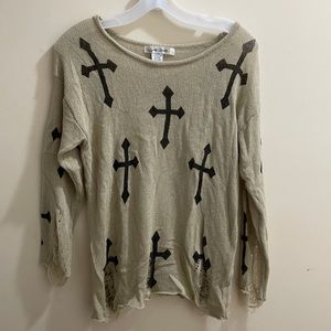 Distressed tan sweater with cross